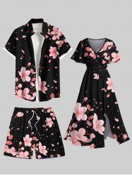 Tenue de Plage Tendance Contrastante Imprimé Pétales de Fleurs Grande Taille pour Couples - Noir 