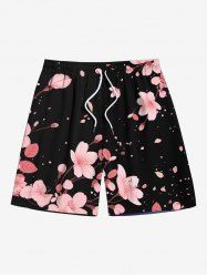 Short de Plage Hawaïen Fleuri Imprimé de Grande Taille à Cordon - Noir 8XL