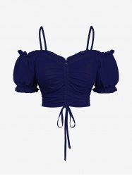 Plus Size Cold Shoulder Puff Sleeve Solid Cinched Cami Top -  