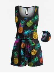 Plus Size Colorful Pineapple Print Hawaii Drawstring Pocket Jumpsuit -  