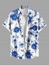 Plus Size Ombre Flower Leaf Branch Print Hawaii Button Pocket Shirt For Men -  