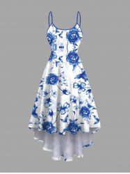 Plus Size Ombre Floral Leaves Branch Print Hawaii High Low Asymmetric Cami Dress -  