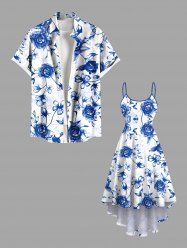 Ombre Flower Leaf Branch Print Plus Size Matching Hawaii Beach Outfit For Couples -  