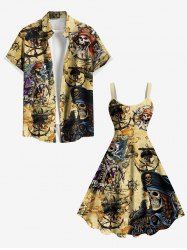 Maillot de Plage Grande Taille Imprimé Gouvernail et Carte de Pirate pour Couples - café lumière 