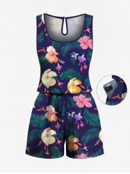 Plus Size Colorful Flower Tropical Leaf Print Hawaii Drawstring Pocket Jumpsuit -  