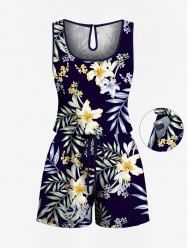 Plus Size Lily Flower Leaf Branch Print Hawaii Drawstring Pocket Jumpsuit -  
