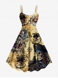 Plus Size Skull Pirate Anchor Ship Rudder Map Cruise Print Tank Dress -  