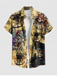 Plus Size Skull Pirate Anchor Ship Rudder Map Cruise Print Buttons Pocket Shirt For Men -  