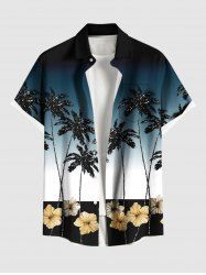 Plus Size Coconut Tree Flowers Ombre Colorblock Print Buttons Pocket Hawaii Shirt For Men -  