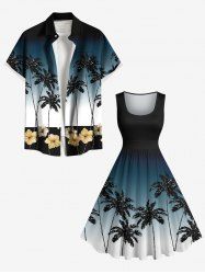 Coconut Tree Flowers Ombre Colorblock Print Plus Size Matching Hawaii Beach Outfit For Couples - Noir 
