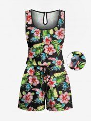 Plus Size Tropical Leaf Hibiscus Flowers Print Cinched Hawaii Romper -  