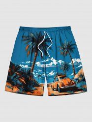 Short de Plage Hawaïen à Imprimé Cocotiers et Paysage Marin Grande-Taille pour Hommes - Bleu Ciel XL
