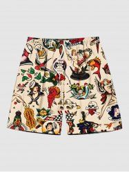 Plus Size Skull Fish Snake Flower Bird Ship Cruise Print Hawaii Beach Shorts For Men -  