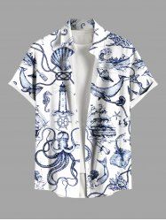Plus Size Octopus Shell Shark Sailboat Mermaid Coral Lighthouse Cruise Print Hawaii Button Pocket Shirt For Men -  