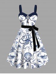 Plus Size Octopus Shell Shark Sailboat Mermaid Coral Lighthouse Cruise Print Hawaii A Line Dress with Removable Belt -  