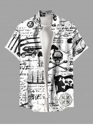 Plus Size Ink Painting Skull Compass Rudder Letter Sailboat Cruise Print Hawaii Button Pocket Shirt For Men -  