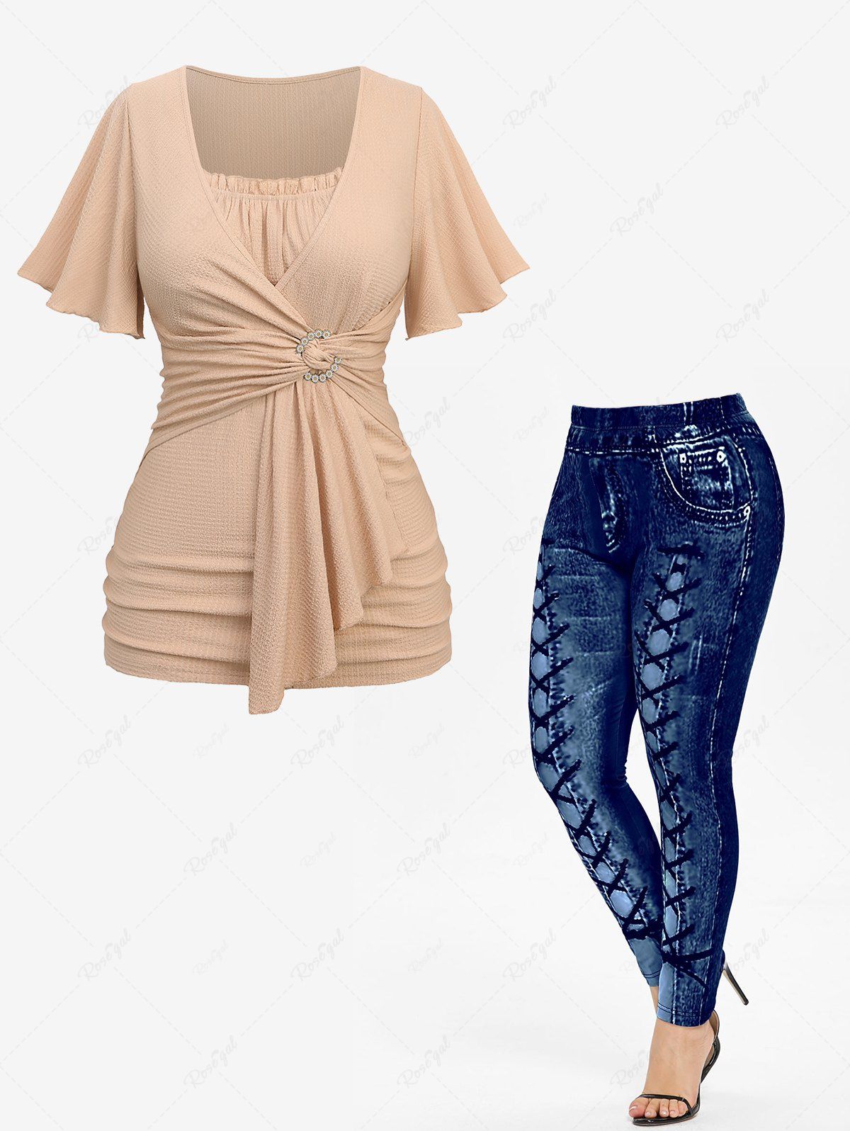Discount Daisy Buckle Surplice Asymmetrical Textured Top and High Waisted 3D Print Leggings Plus Size Outfit  