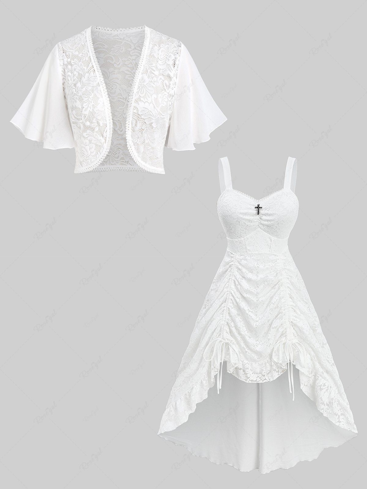 Lace Bolero Cardigan and Cinched Ruched Cross High Low Asymmetric Solid Dress Plus Size Outfit
