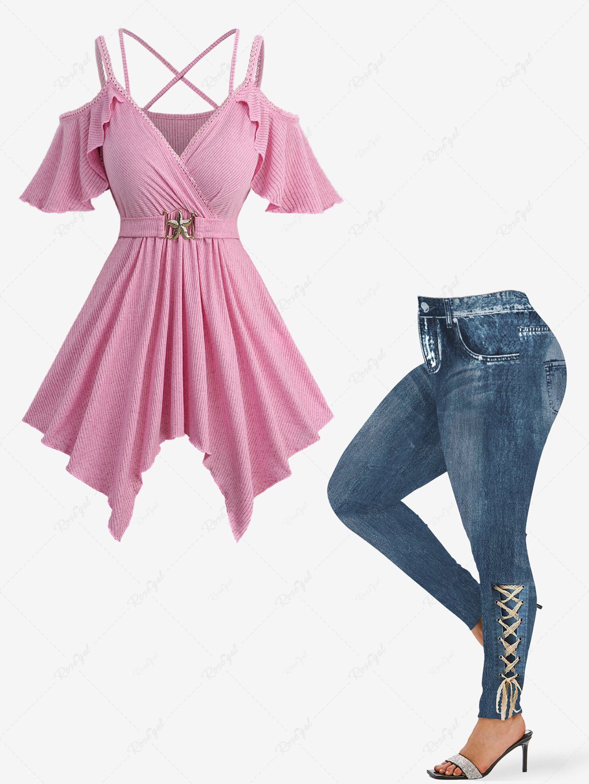 Haut Cache-Coeur Ceinturé Côtelé Ombre et Leggings Imprimé en Dentelle Grande Taille Rose clair 