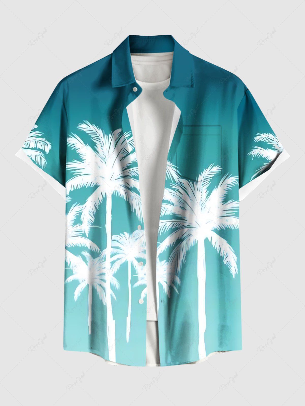 Online Plus Size Coconut Tree Dip Dye Ombre Print Hawaii Button Pocket Shirt For Men  