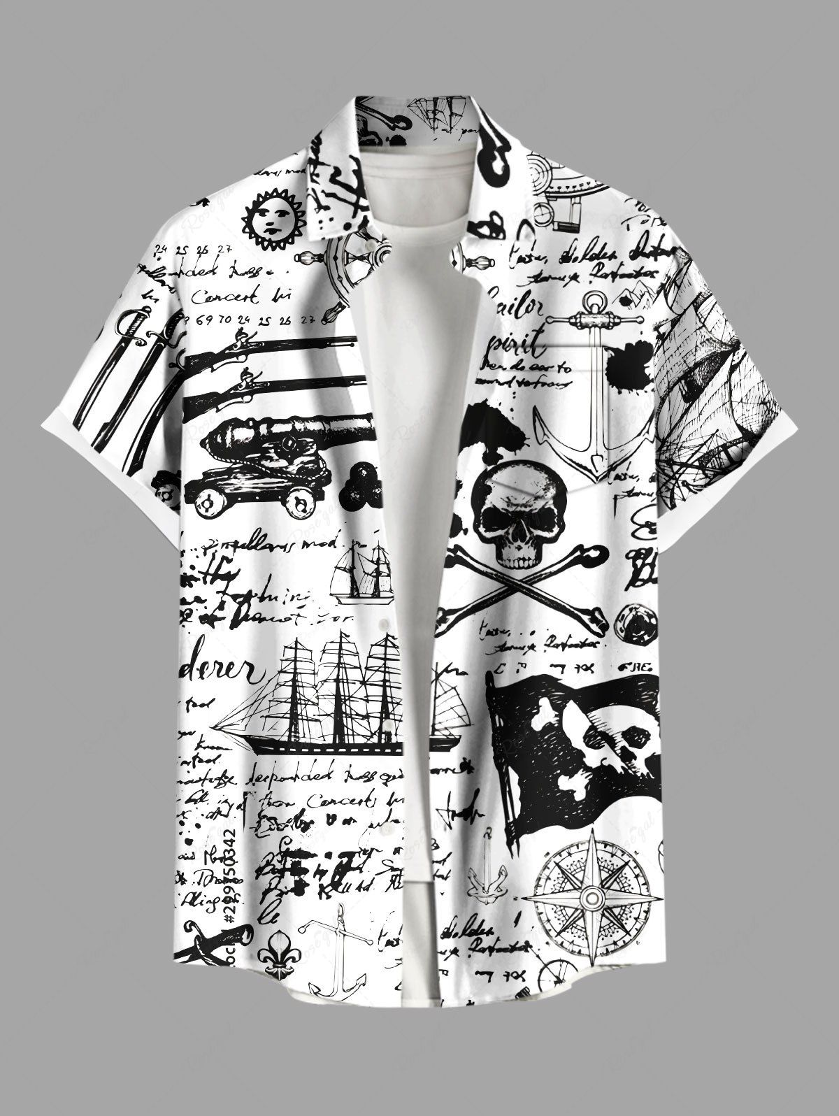 Chemise Plissée Rose Lettre Peinture D'Encre avec Poche de Grande Taille en Lin pour Homme Blanc 6XL