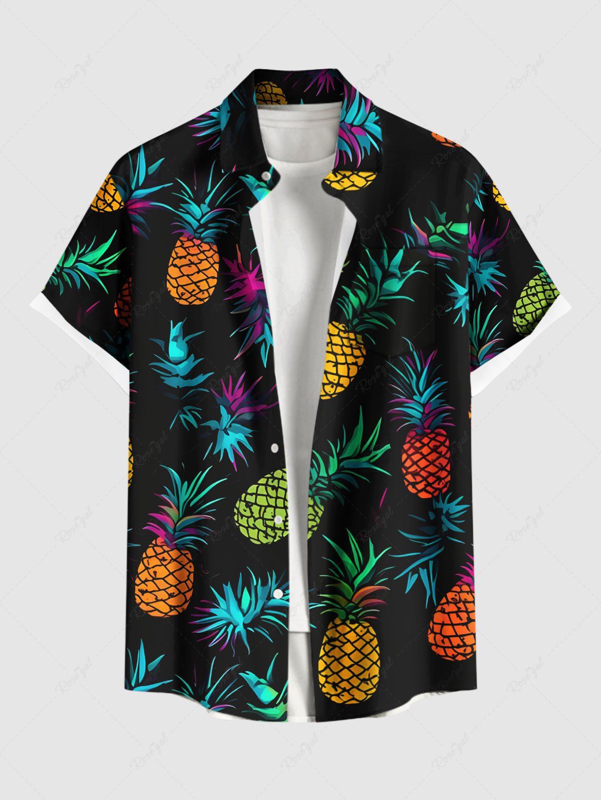 Shop Plus Size Colorful Pineapple Print Hawaii Button Pocket Shirt For Men  
