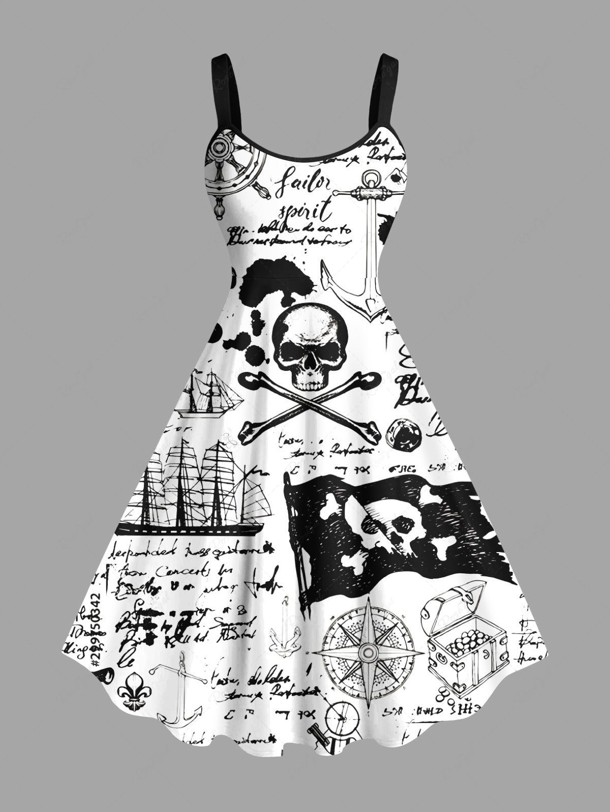 Buy Plus Size Ink Painting Skull Compass Rudder Letter Sailboat Cruise Print Hawaii A Line Tank Dress  