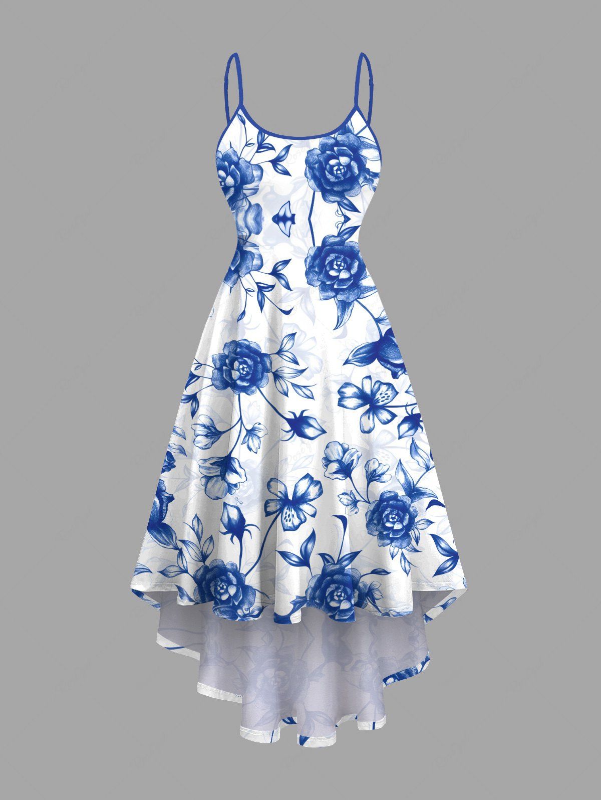 Sale Plus Size Ombre Floral Leaves Branch Print Hawaii High Low Asymmetric Cami Dress  