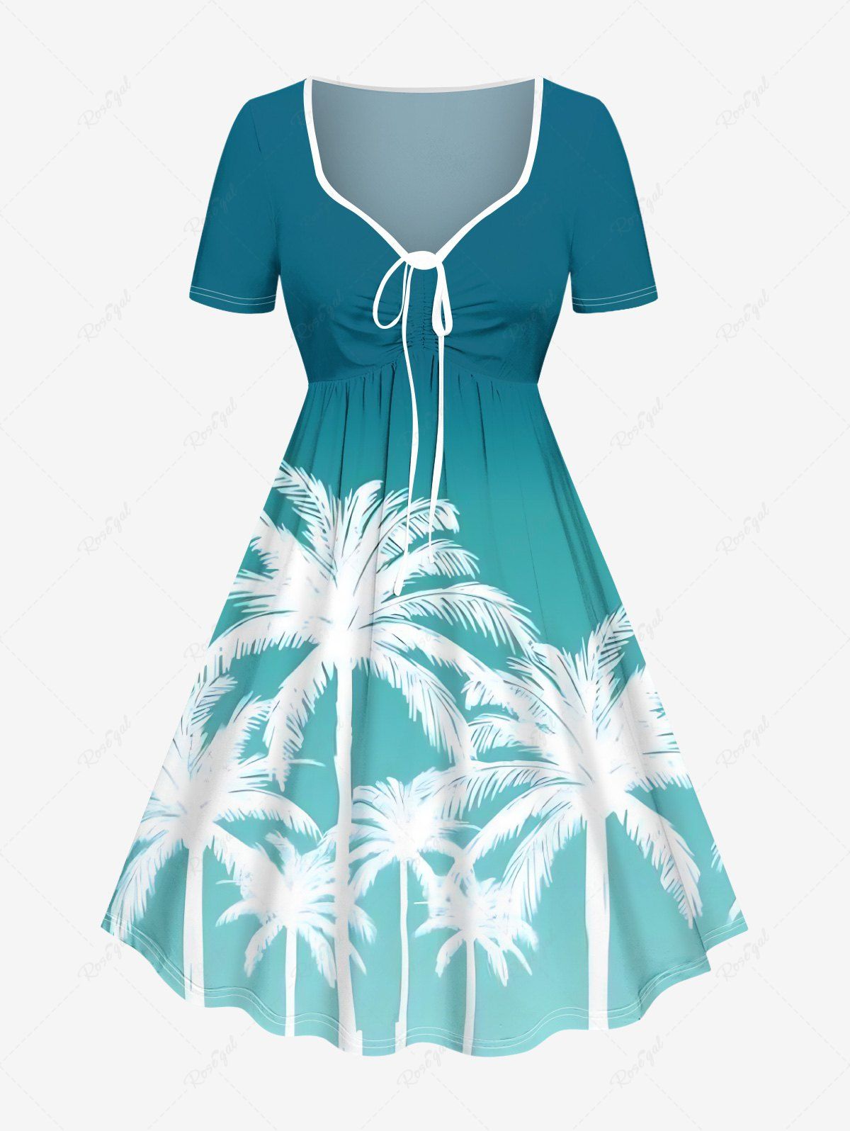 Fancy Plus Size Coconut Tree Dip Dye Ombre Print Hawaii Cinched A Line Dress  