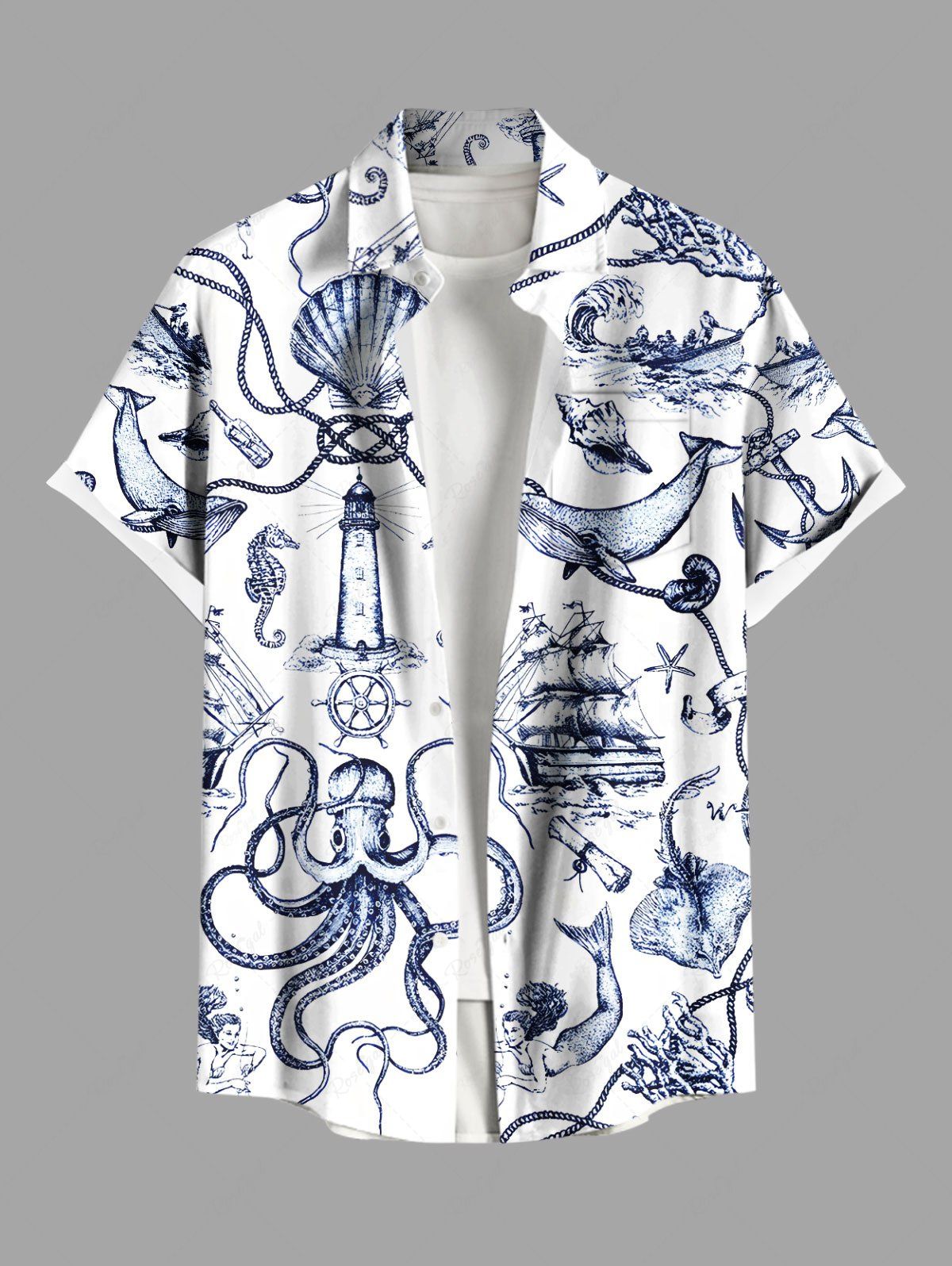 Chemise Formelle Jointive Requin Pieuvre Coquille et Requin Imprimés avec Poche de Grande Taille pour Homme Blanc 6XL