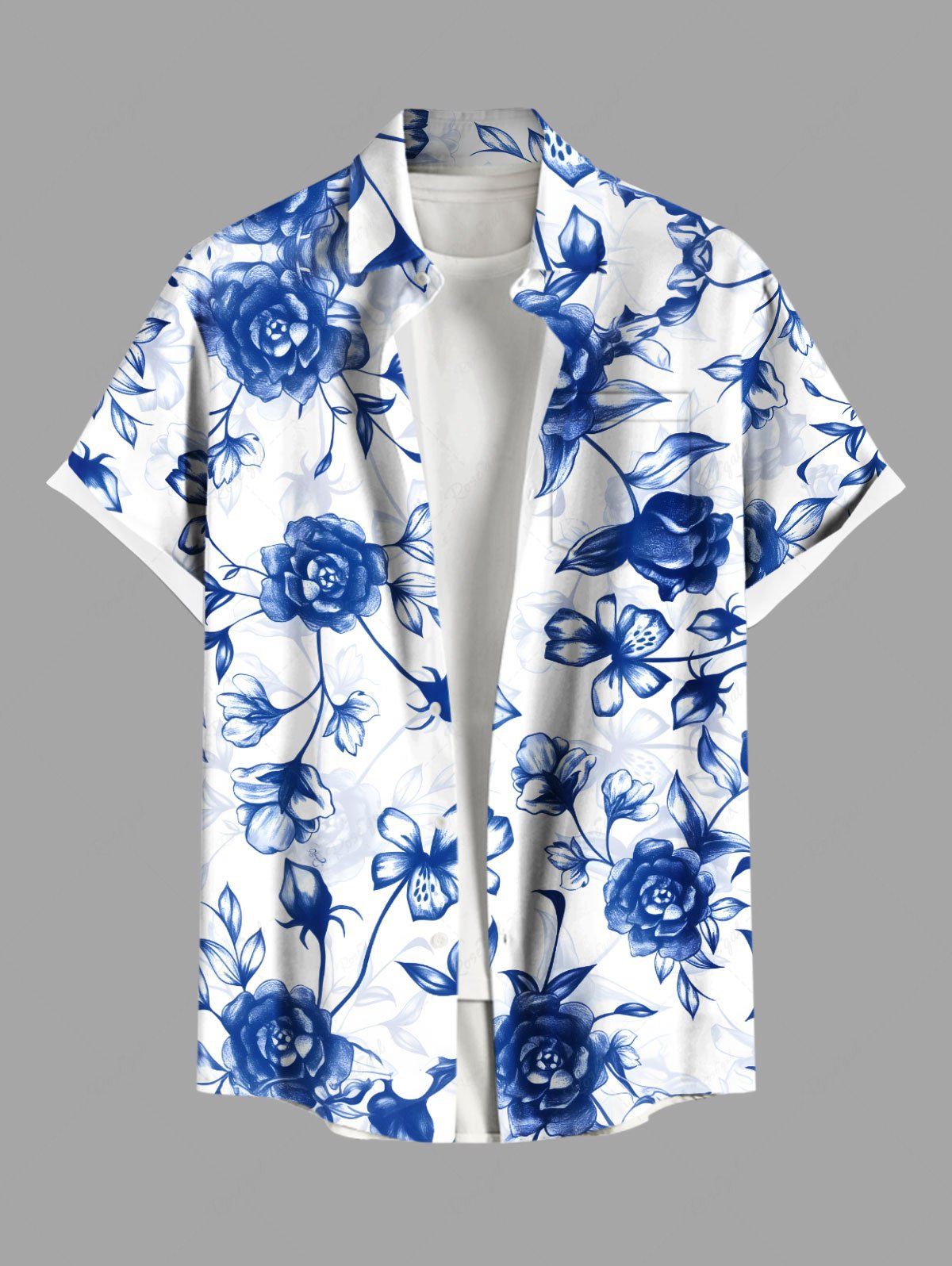 Outfits Plus Size Ombre Flower Leaf Branch Print Hawaii Button Pocket Shirt For Men  