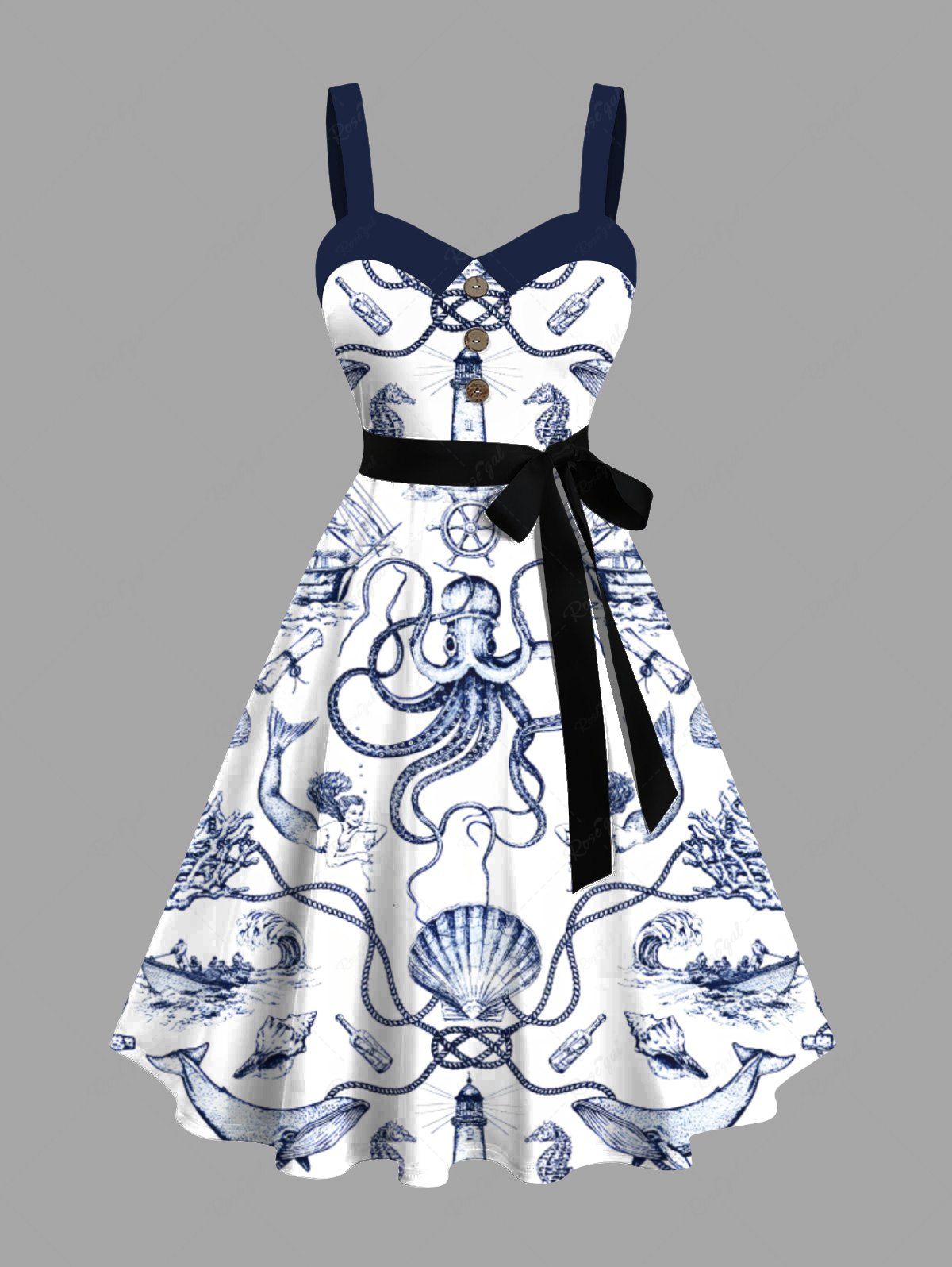 Best Plus Size Octopus Shell Shark Sailboat Mermaid Coral Lighthouse Cruise Print Hawaii A Line Dress with Removable Belt  