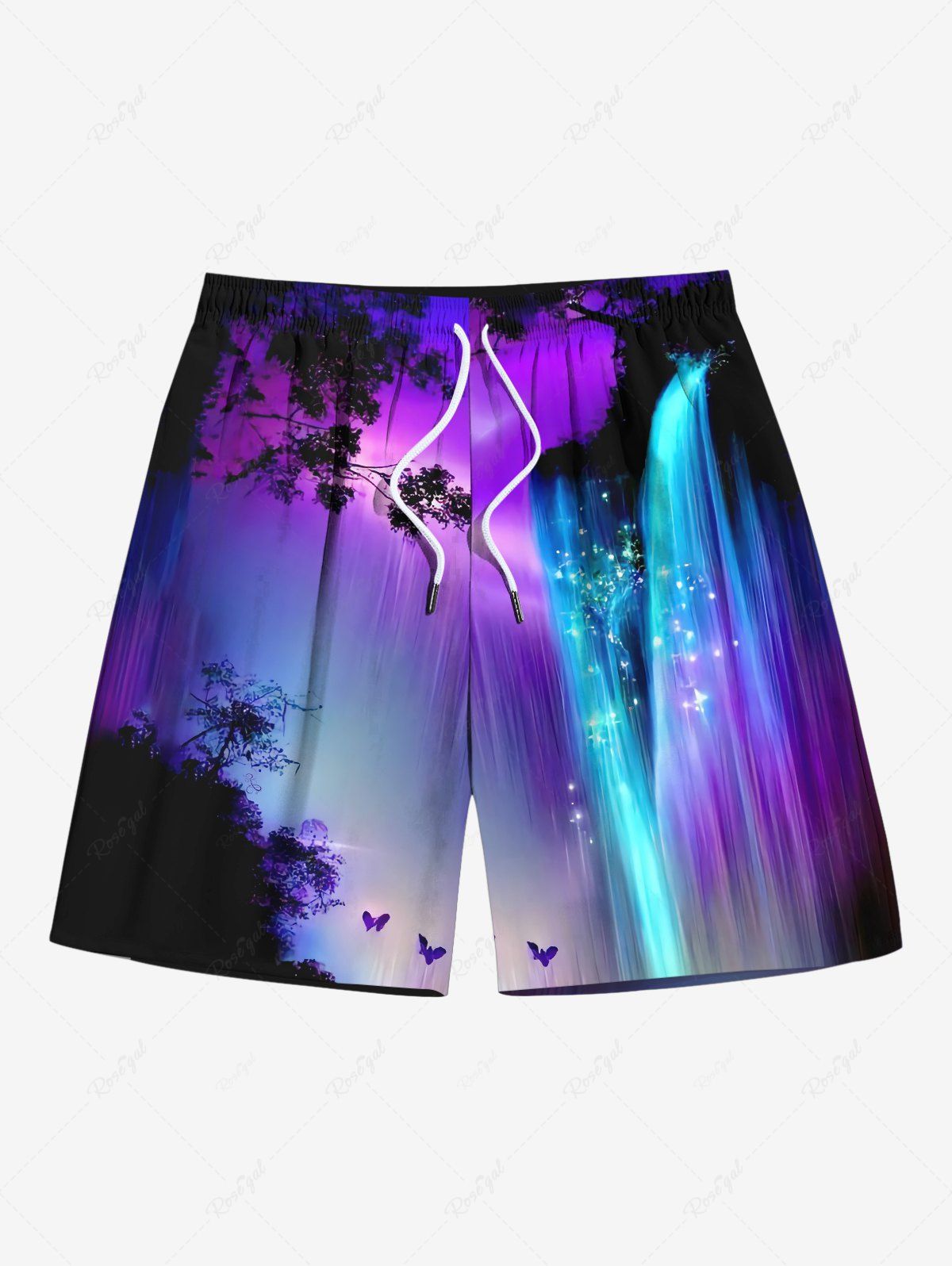 Short de Plage Ombré Arbre et Galaxie Imprimés de Grande Taille à Paillettes Noir 8XL