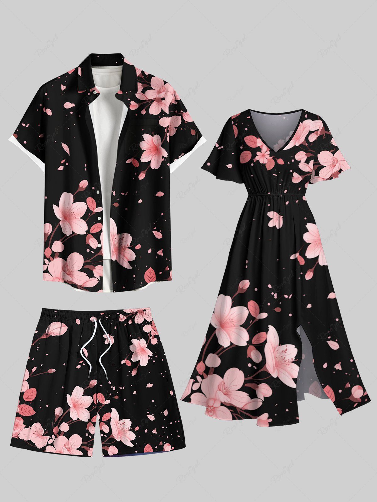 Tenue de Plage Tendance Contrastante Imprimé Pétales de Fleurs Grande Taille pour Couples Noir 