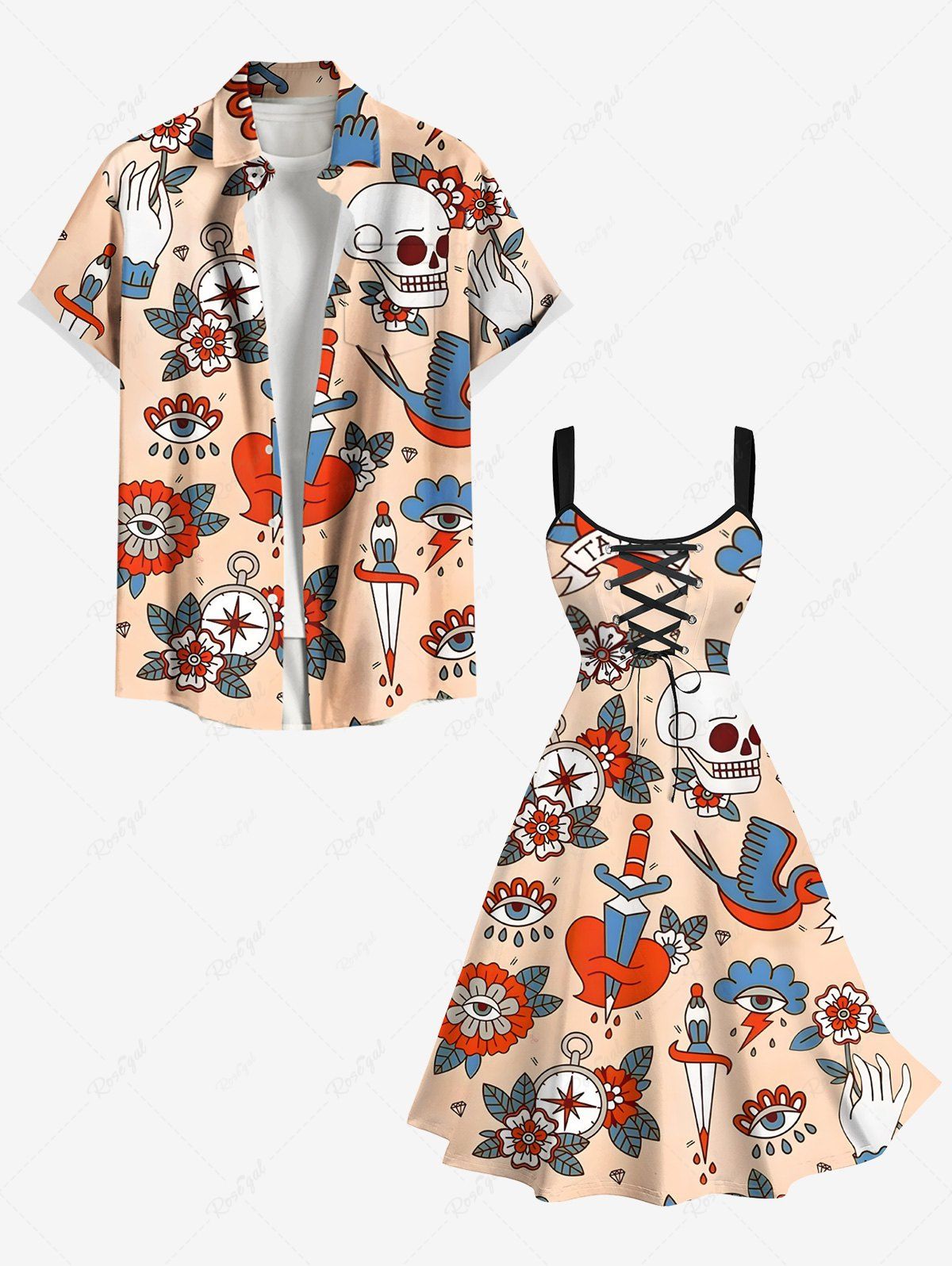Unique Skull Floral Clock Sword Heart Bird Print Plus Size Matching Hawaii Beach Outfit For Couples  
