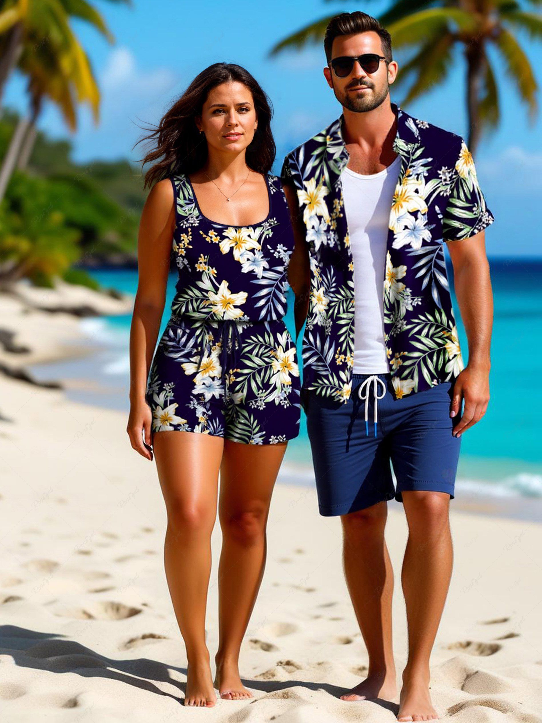 Store Lily Flower Leaf Branch Print Plus Size Matching Hawaii Beach Outfit For Couples  