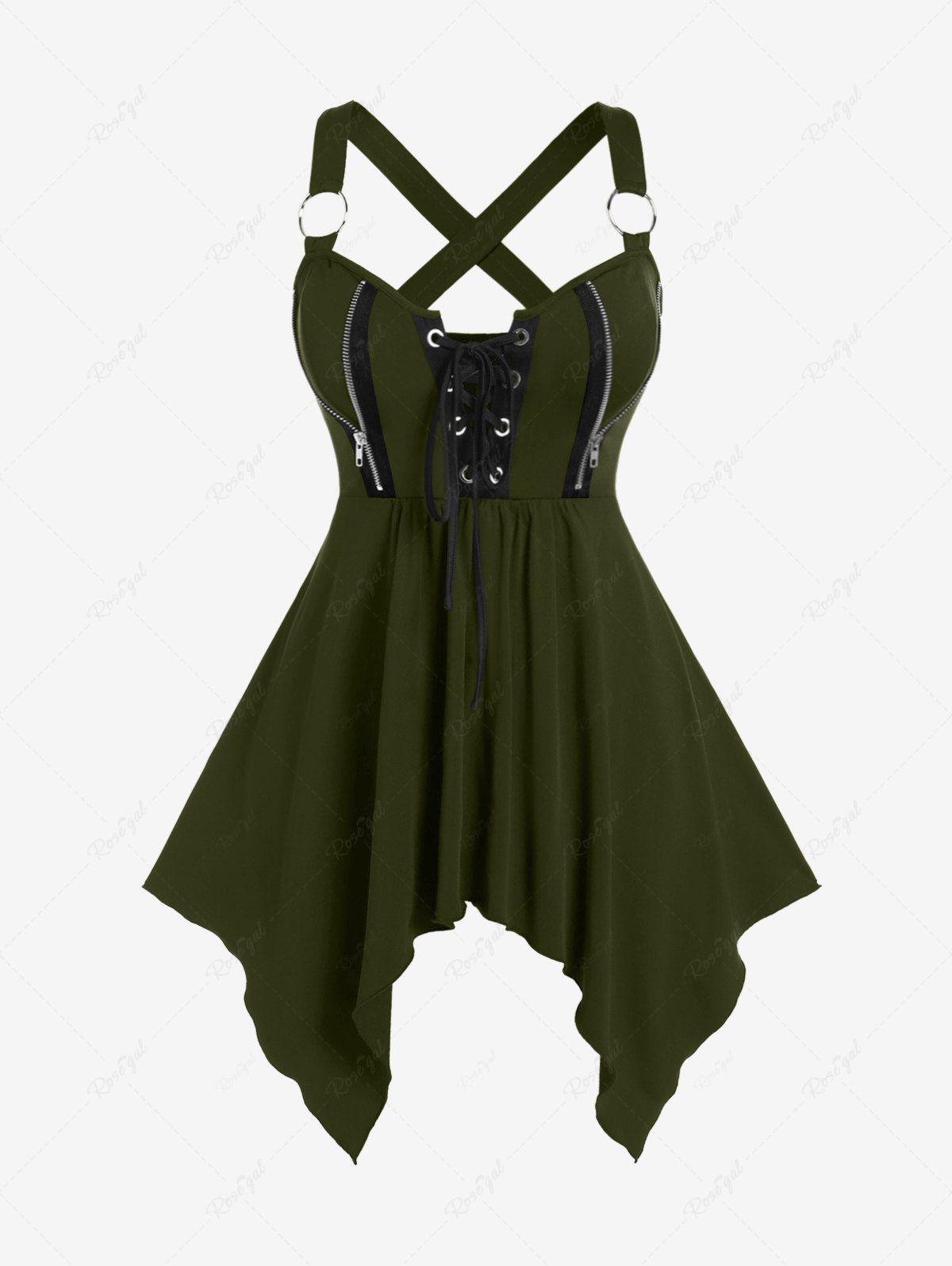 New Plus Size Lace Up Zipper Crisscross Handkerchief Tank Top  