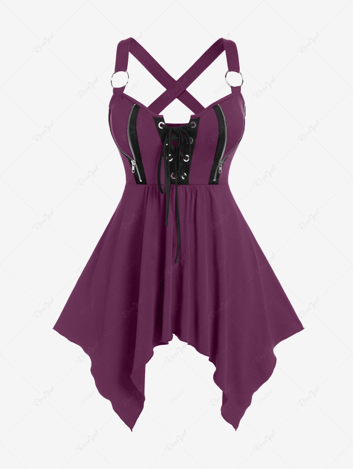 New Plus Size Lace Up Zipper Crisscross Handkerchief Tank Top  