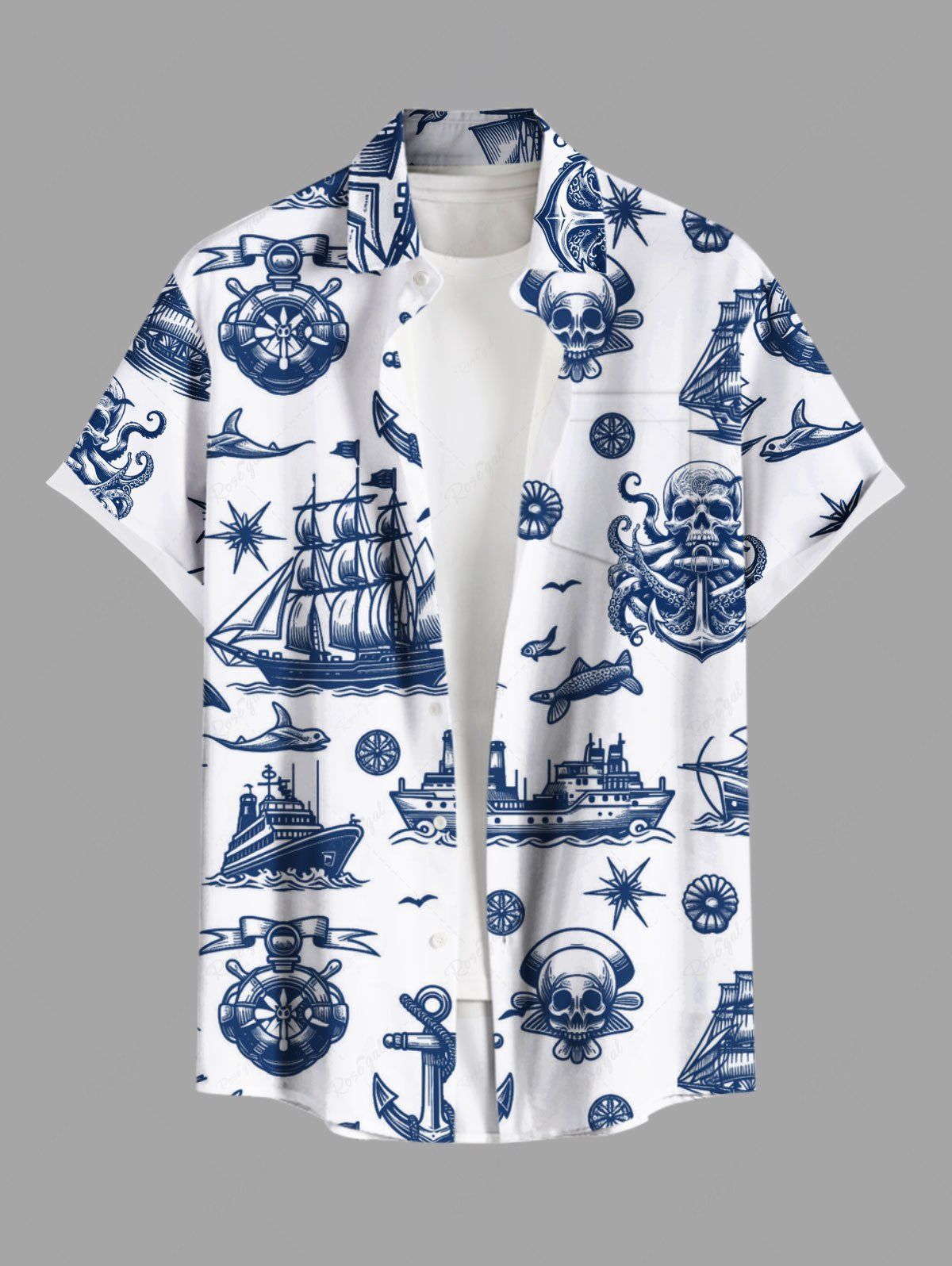 Chic Plus Size Skulls Pirate Ship Anchor Cruise Print Buttons Pocket Hawaii Shirt For Men  