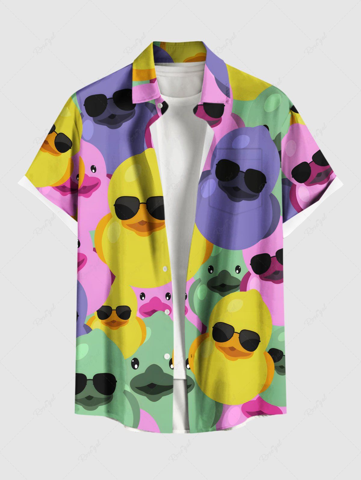 Online Plus Size Colorful Ducks Print Buttons Pocket Hawaii Shirt For Men  