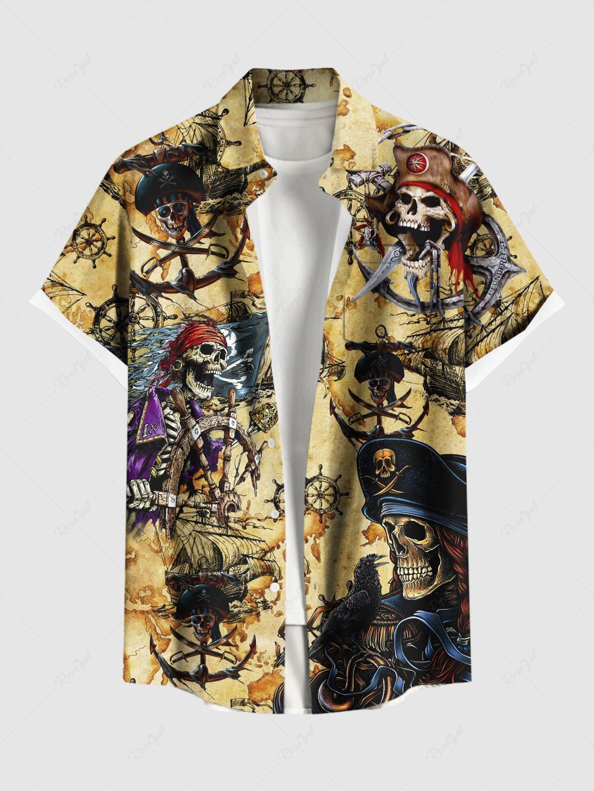 Unique Plus Size Skull Pirate Anchor Ship Rudder Map Cruise Print Buttons Pocket Shirt For Men  