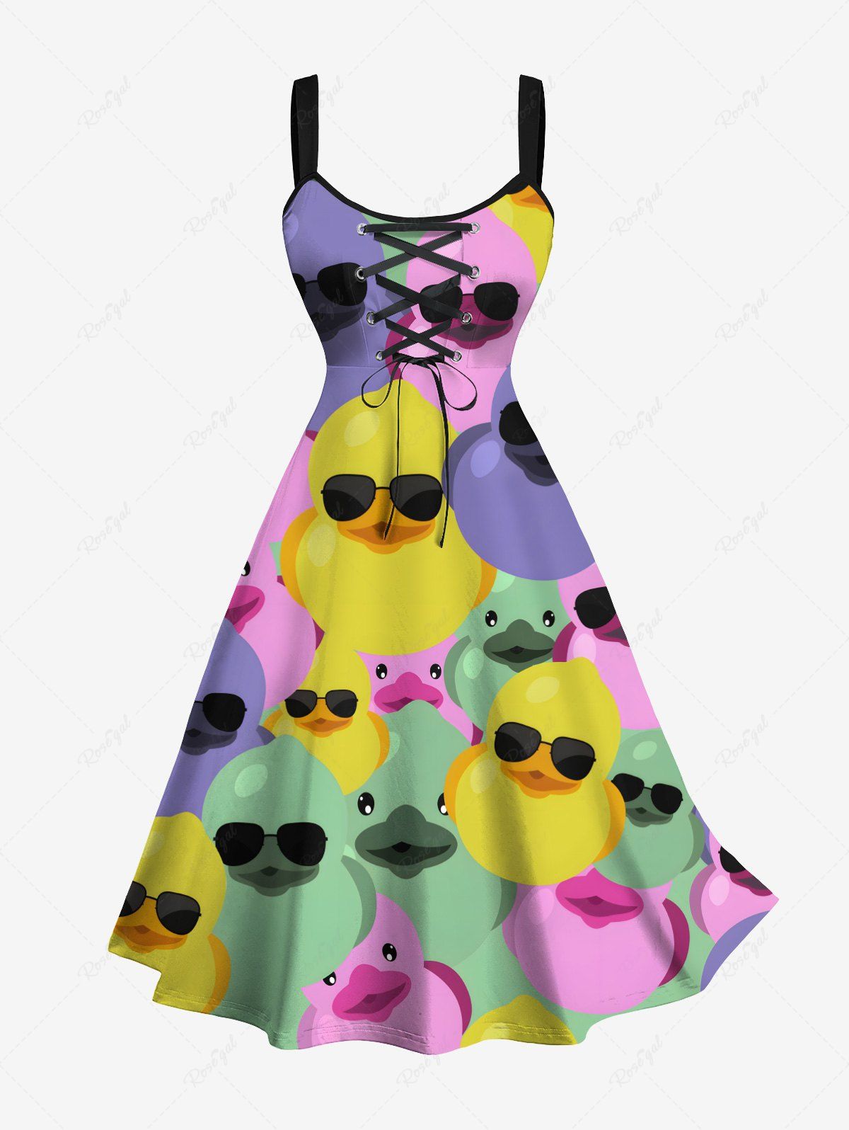 Shop Plus Size Colorful Ducks Print Lace Up Panel Hawaii Tank Dress  