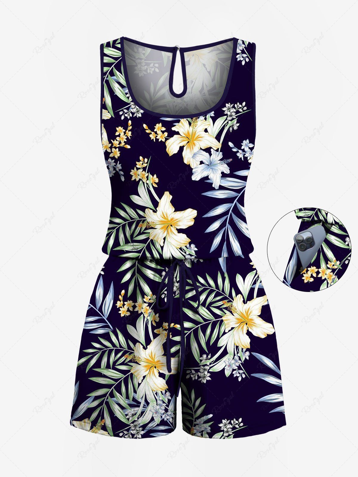 Outfit Plus Size Lily Flower Leaf Branch Print Hawaii Drawstring Pocket Jumpsuit  
