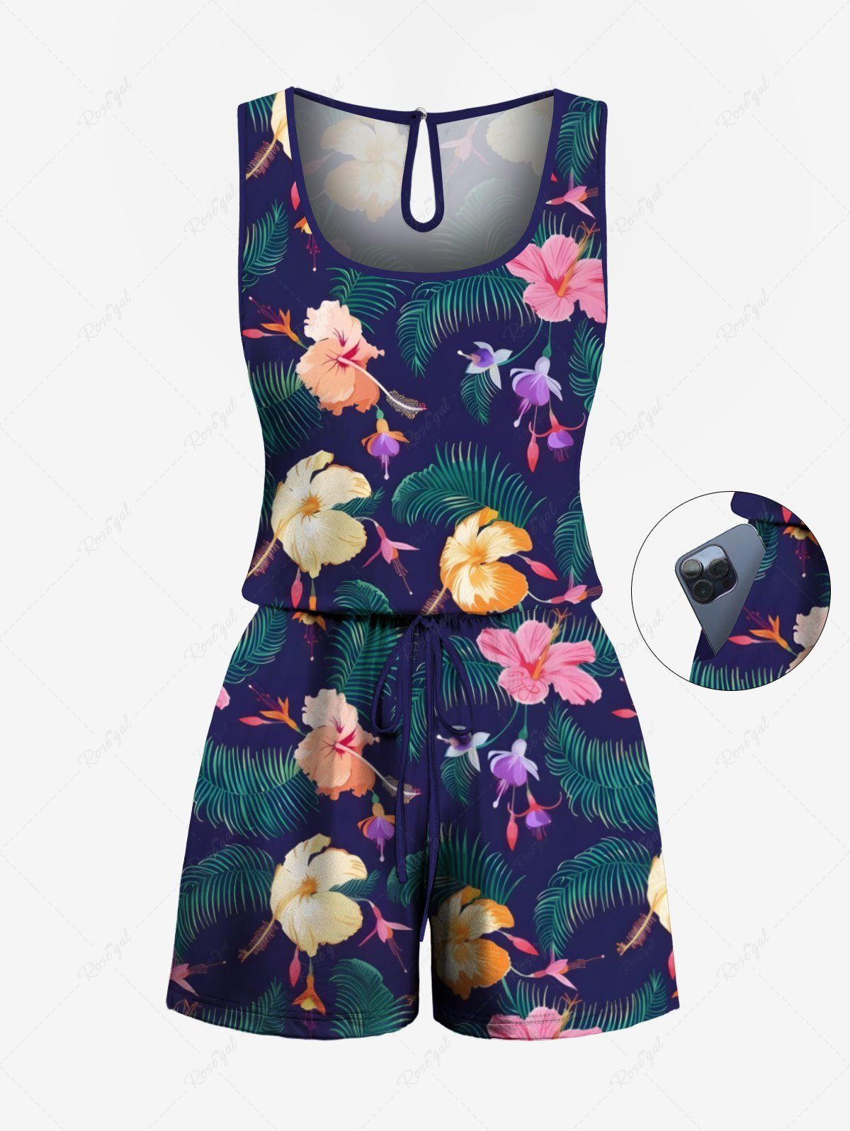 Combinaison hawaïenne grande taille à imprimé floral tropical et feuilles colorées avec cordon de serrage et poches Bleu profond 3X