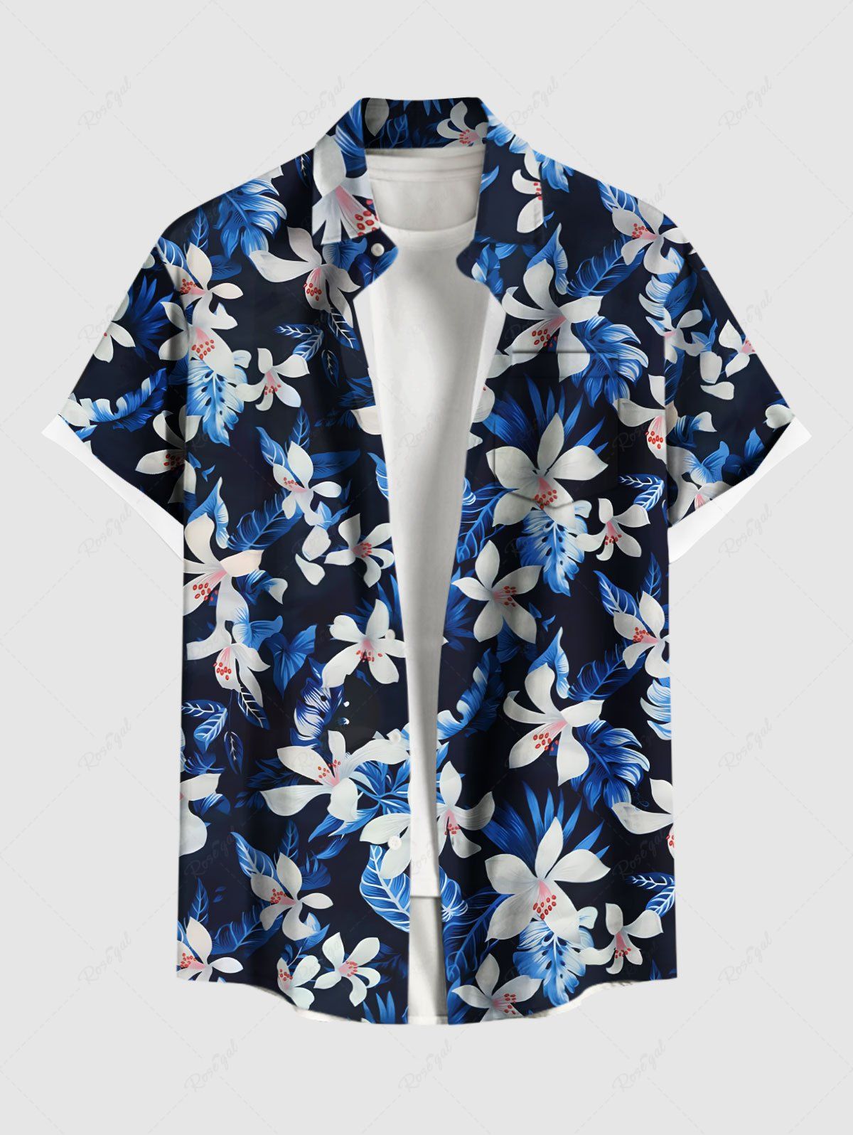 Fashion Plus Size Flowers Leaf Print Buttons Pocket Hawaii Shirt For Men  