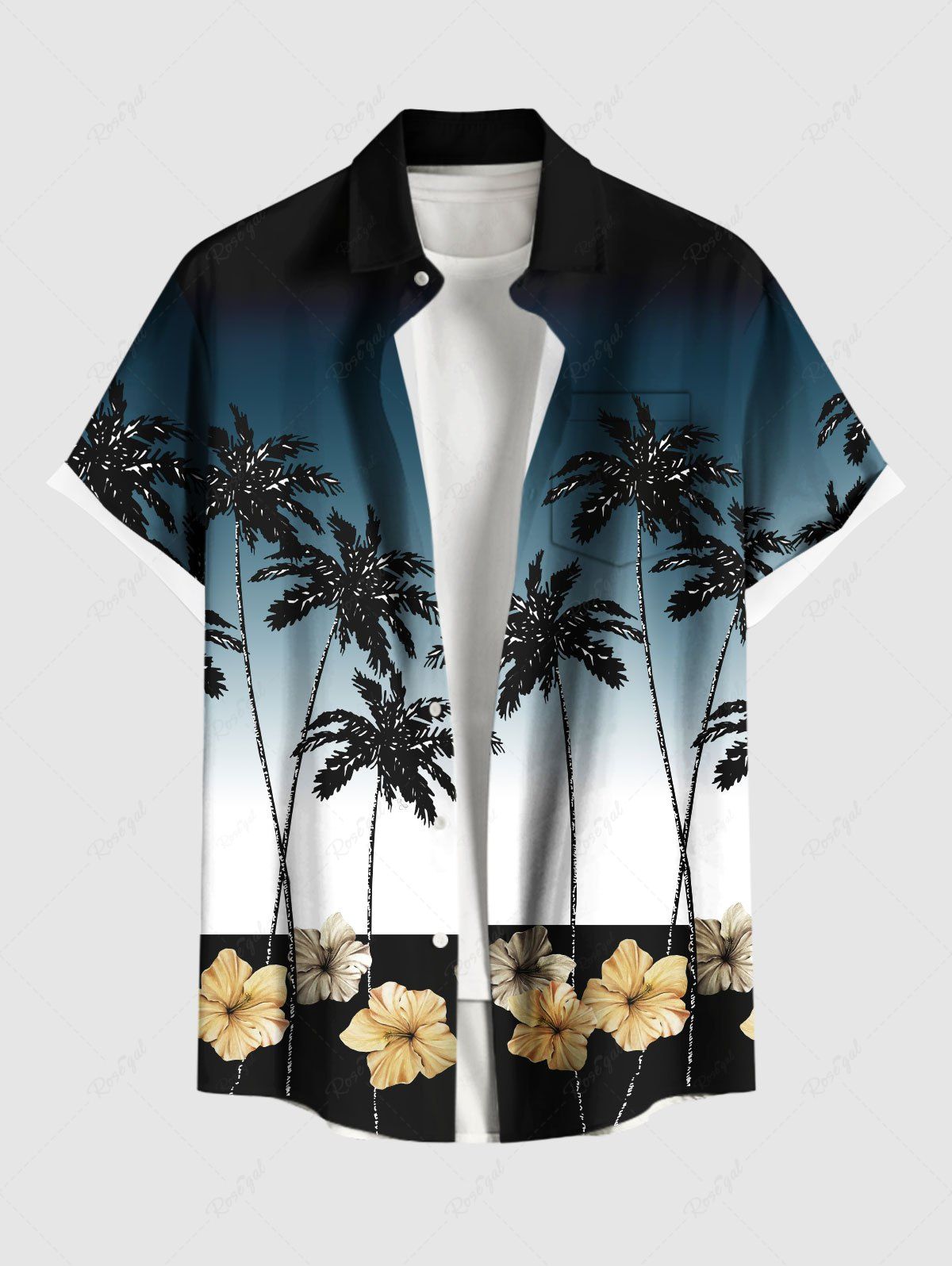 Chemise Décontractée Boutonnée Fleur et Arbre Noix de Coco Imprimés avec Poche de Grande Taille pour Homme Noir 6XL