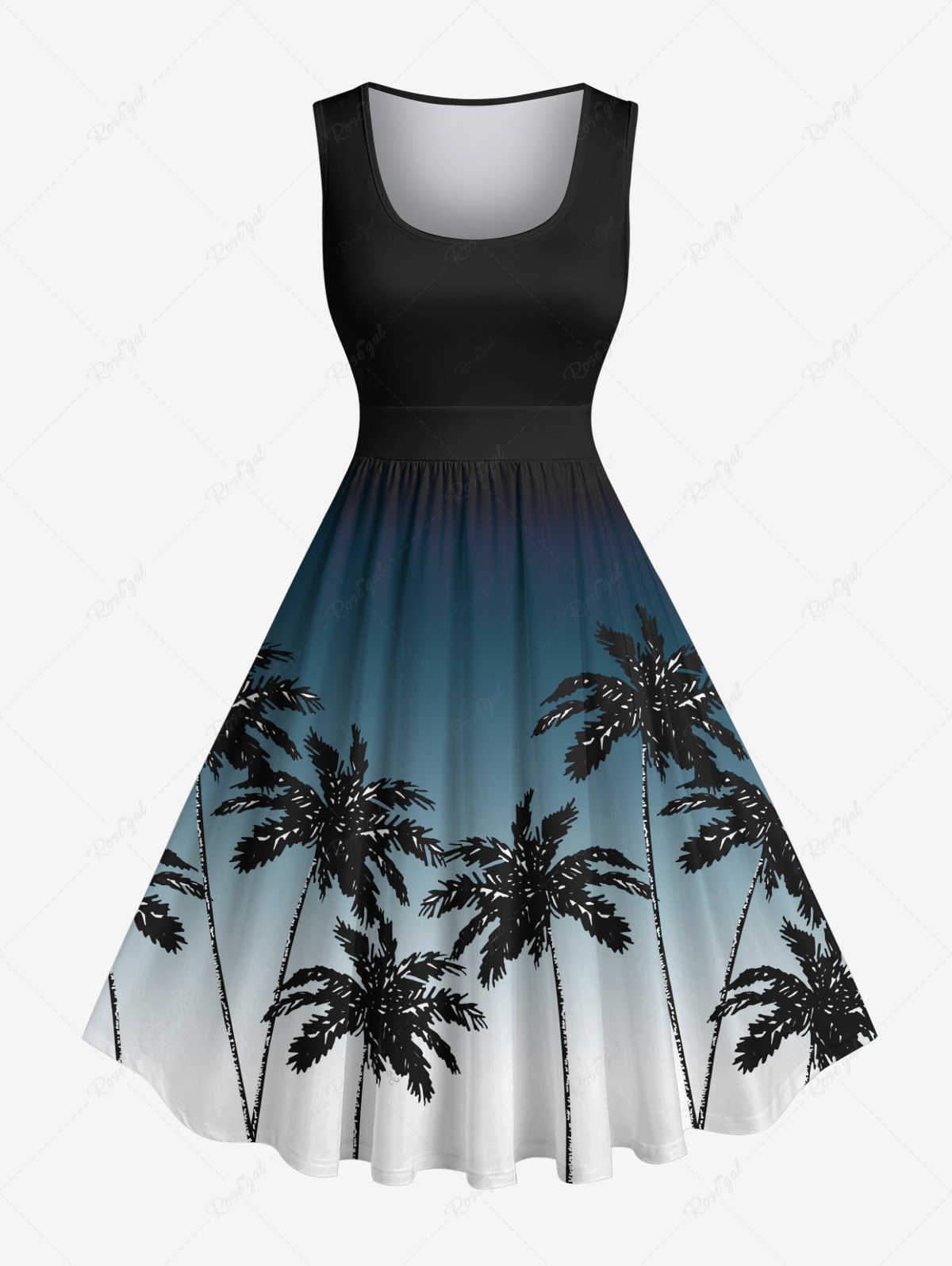 Trendy Plus Size Coconut Tree Flowers Ombre Colorblock Print 1950s Vintage Dress  