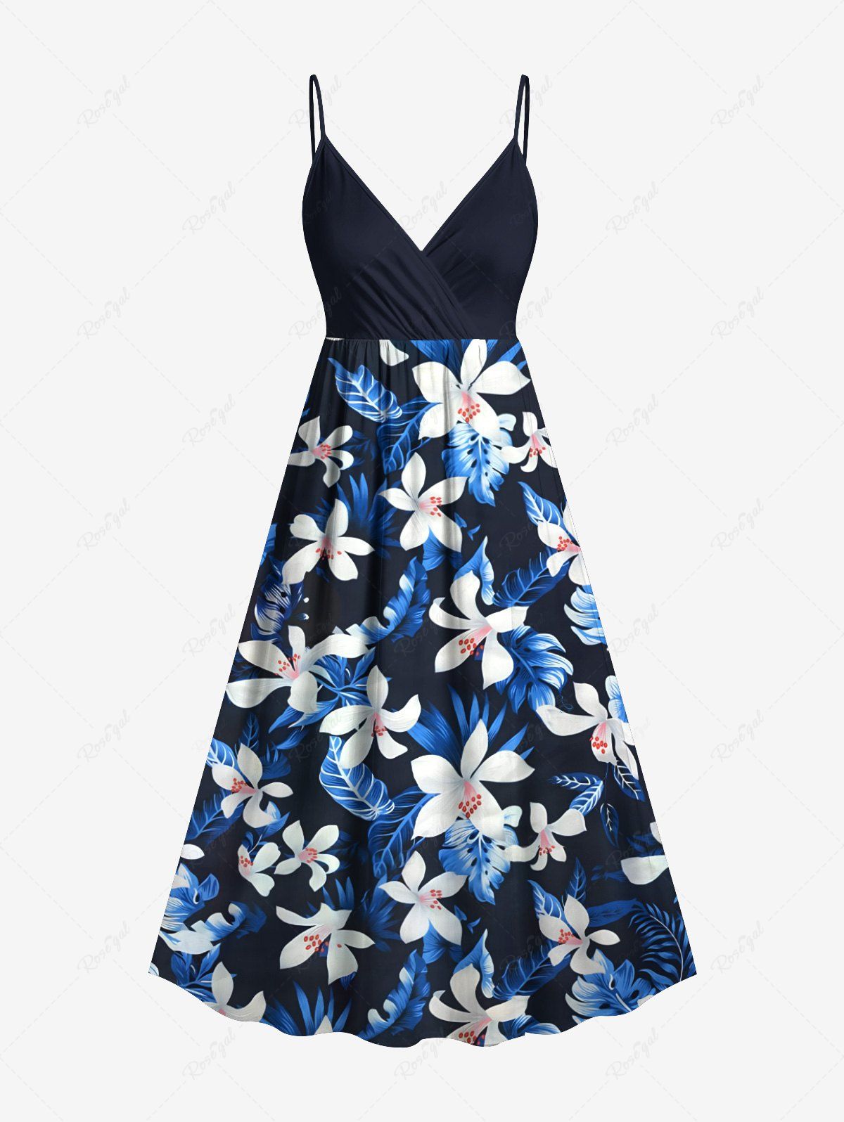 Affordable Plus Size Flowers Leaf Print Surplice Hawaii Cami Dress  