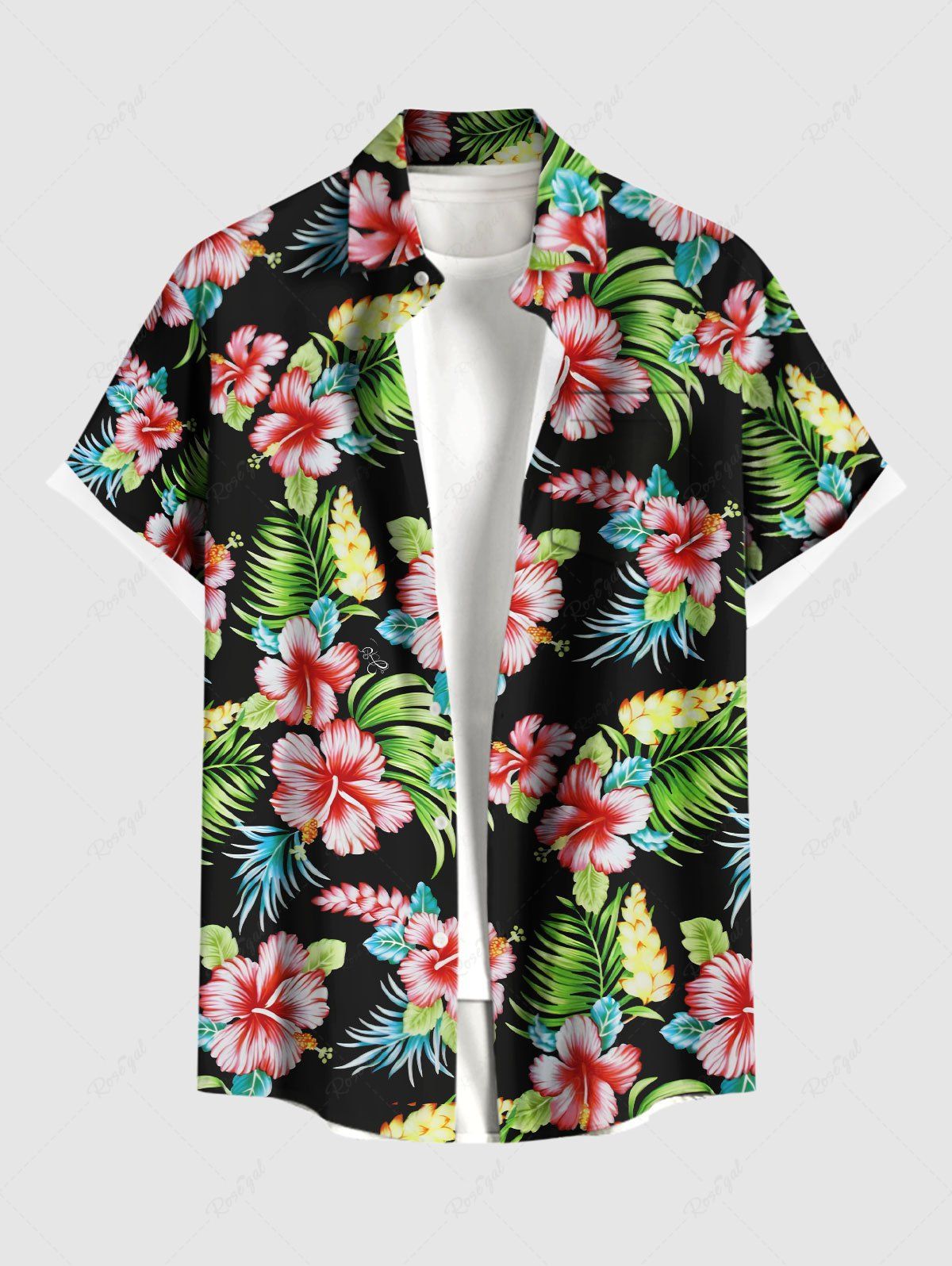 New Plus Size Tropical Leaf Hibiscus Flowers Print Buttons Pocket Hawaii Shirt For Men  