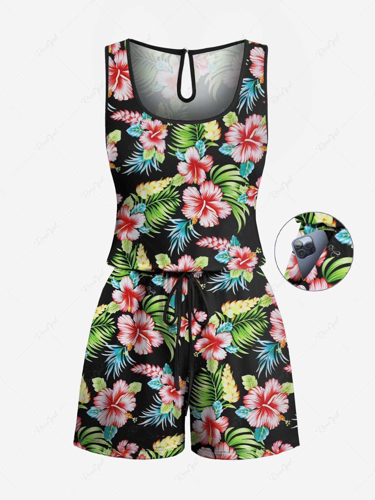 Chic Plus Size Tropical Leaf Hibiscus Flowers Print Cinched Hawaii Romper  